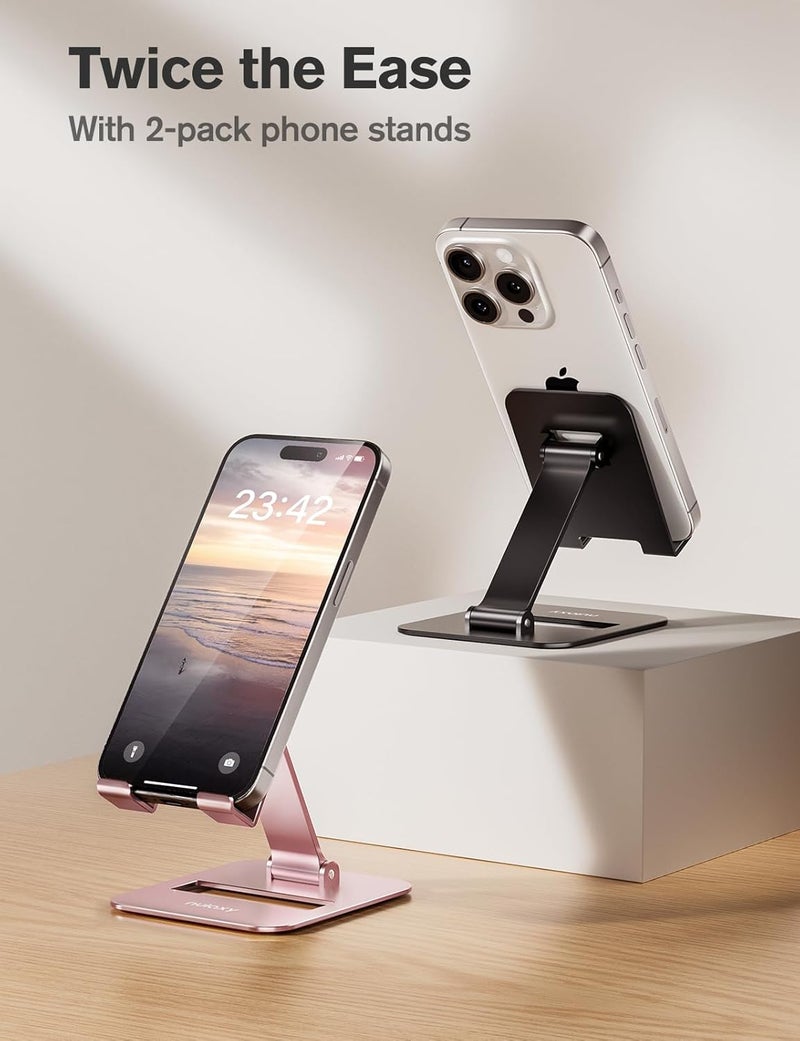 nulaxy 2 Pack Dual Folding Cell Phone Stand, Fully Adjustable Phone Holder for Desk, Compatible with iPhone 17 16 15 14 13 12 11, Nintendo Switch, All Phones, Black & Rose Gold - Image 2